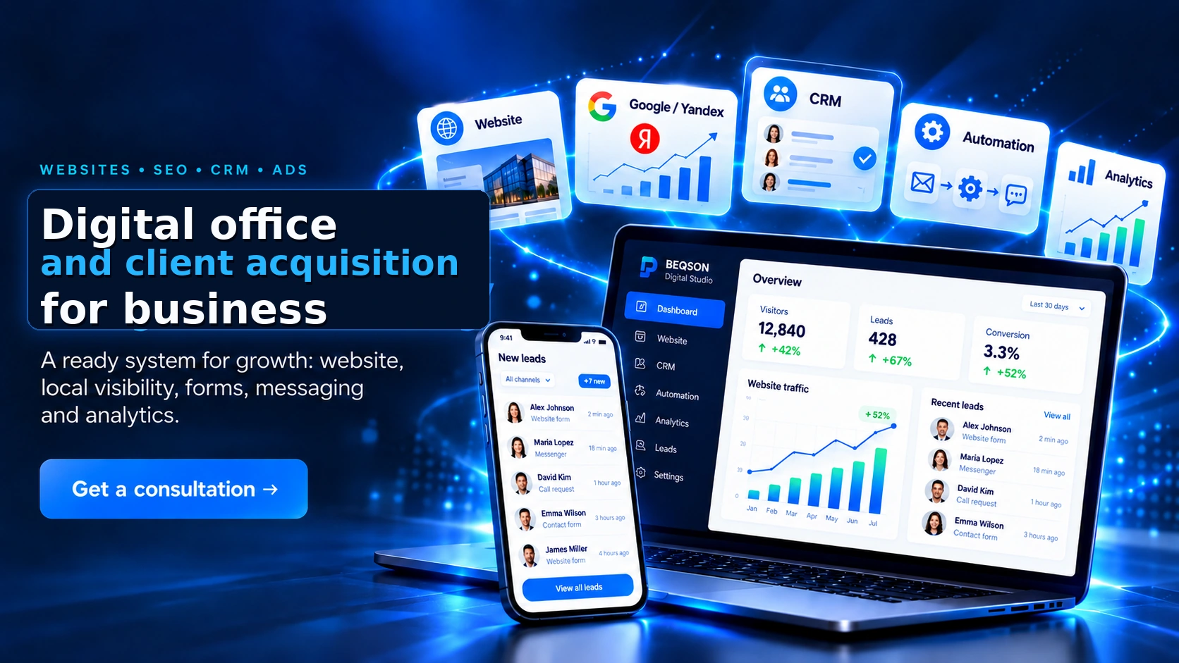 BEQSON Digital Studio — a ready system for growth: website, local visibility, forms, messaging and analytics. Laptop and phone showing a business dashboard.