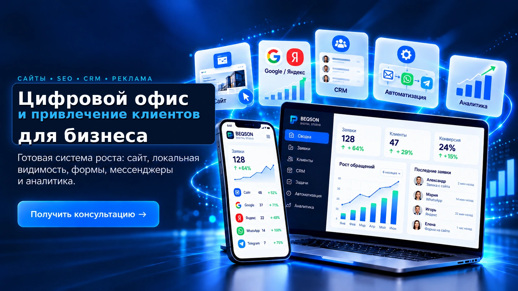 BEQSON Digital Studio — готовая система роста: сайт, локальная видимость, формы, мессенджеры и аналитика. Ноутбук и телефон с панелью управления бизнесом.